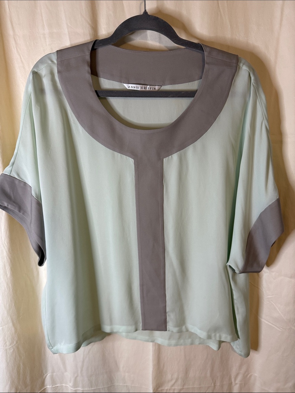 Annie Griffin Mint Silk Top with Gray Trim